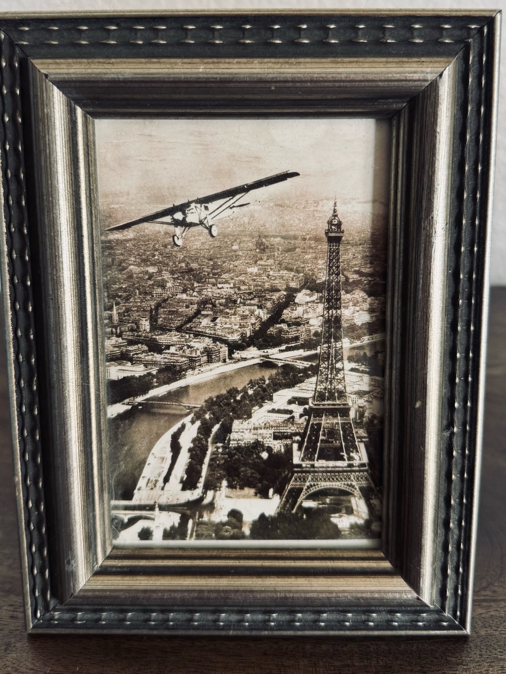 Vintage Airplane in Paris Eiffel Towel Aerial Framed Art
